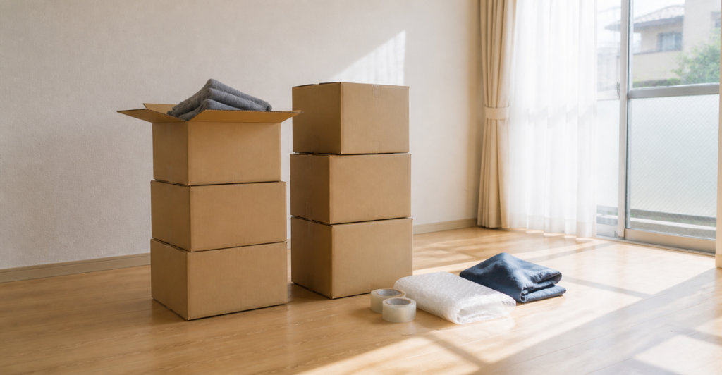 引越し準備中の日本のリビング。無地のダンボール箱が2列に積まれ、開いた箱にはたたんだ毛布、脇に梱包テープと緩衝材が置かれた、午後の光が差し込むがらんとした部屋