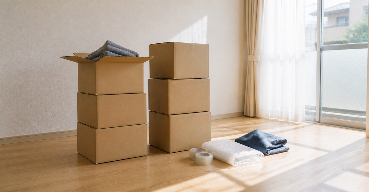引越し準備中の日本のリビング。無地のダンボール箱が2列に積まれ、開いた箱にはたたんだ毛布、脇に梱包テープと緩衝材が置かれた、午後の光が差し込むがらんとした部屋