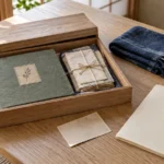 木箱にまとめたアルバムと手紙、布と書類を分けて置いたテーブル